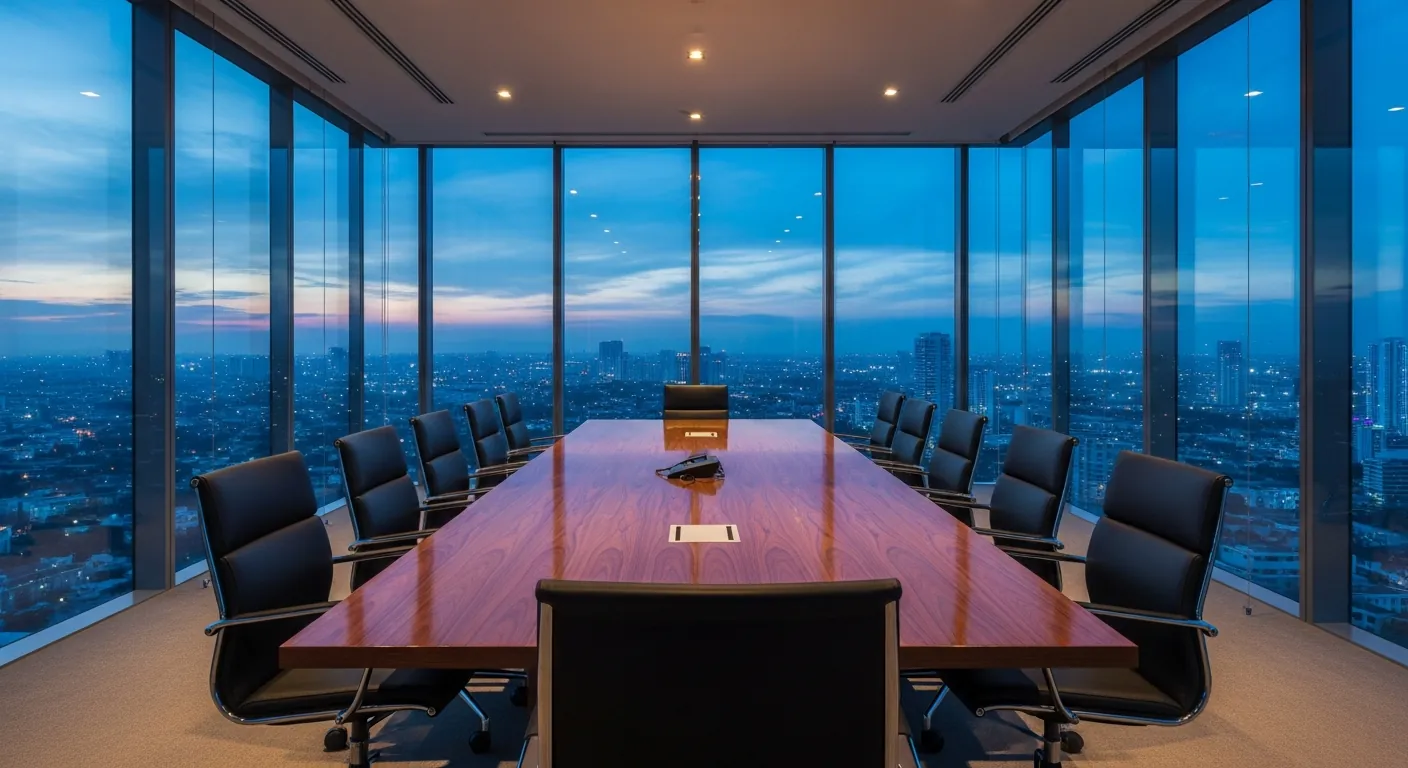 Boardroom with Bali skyline at dusk